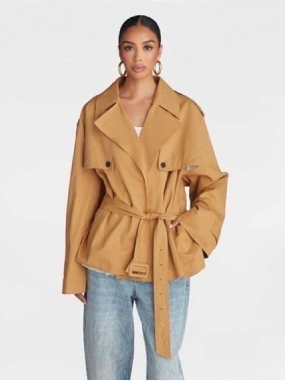 KBB by Kahlana Cropped Tan Trench Jacket with Drawstring Waist. NWT size XXL - Picture 2 of 11